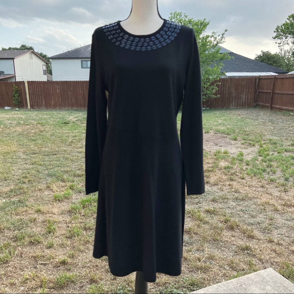 Tory Burch merino wool embellished neckline long sleeve black dress extra large